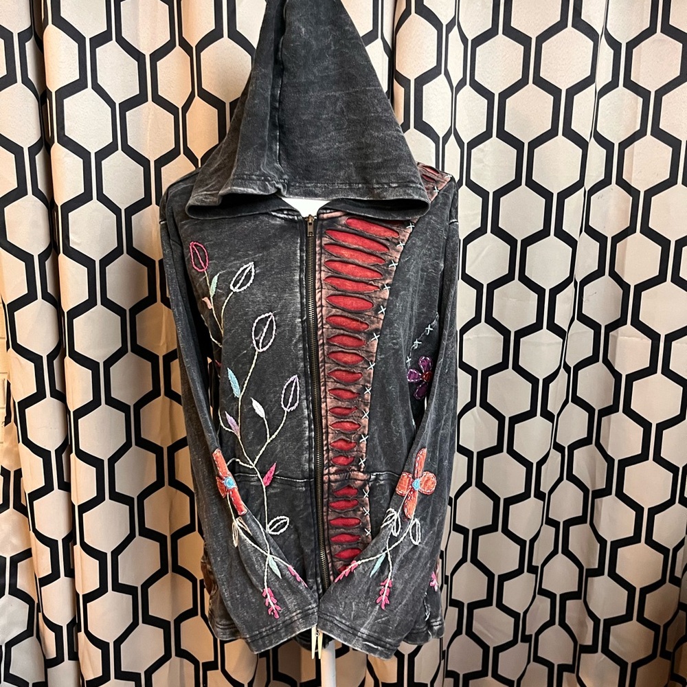 Black and Red Graphic Hooded Jacket with embroidery